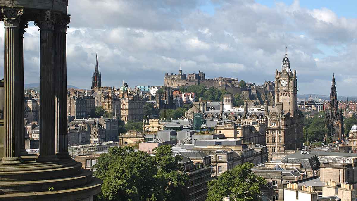 London city skyline seen from Calton Hill on a cloudy day